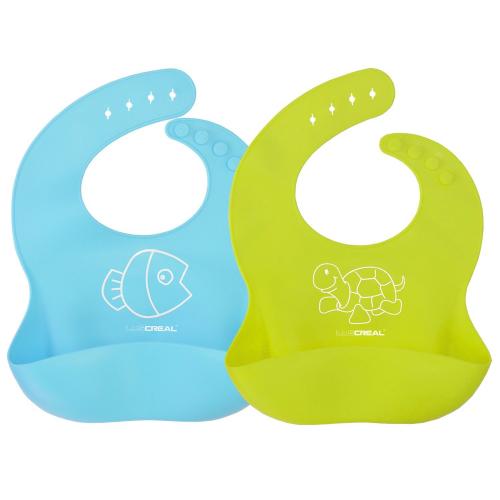 Waterproof Bib with Food Catcher, LUSCREAL Bacteria Resistant Soft Silicone Feeding Bib, Easy to Clean, Adjustable Snap and Portable Roll Up, BPA Free, fit for Infant Baby Boys & Girls, Blue & Green